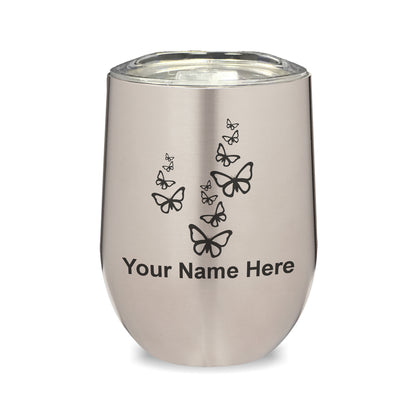 LaserGram Double Wall Stainless Steel Wine Glass, Butterflies, Personalized Engraving Included