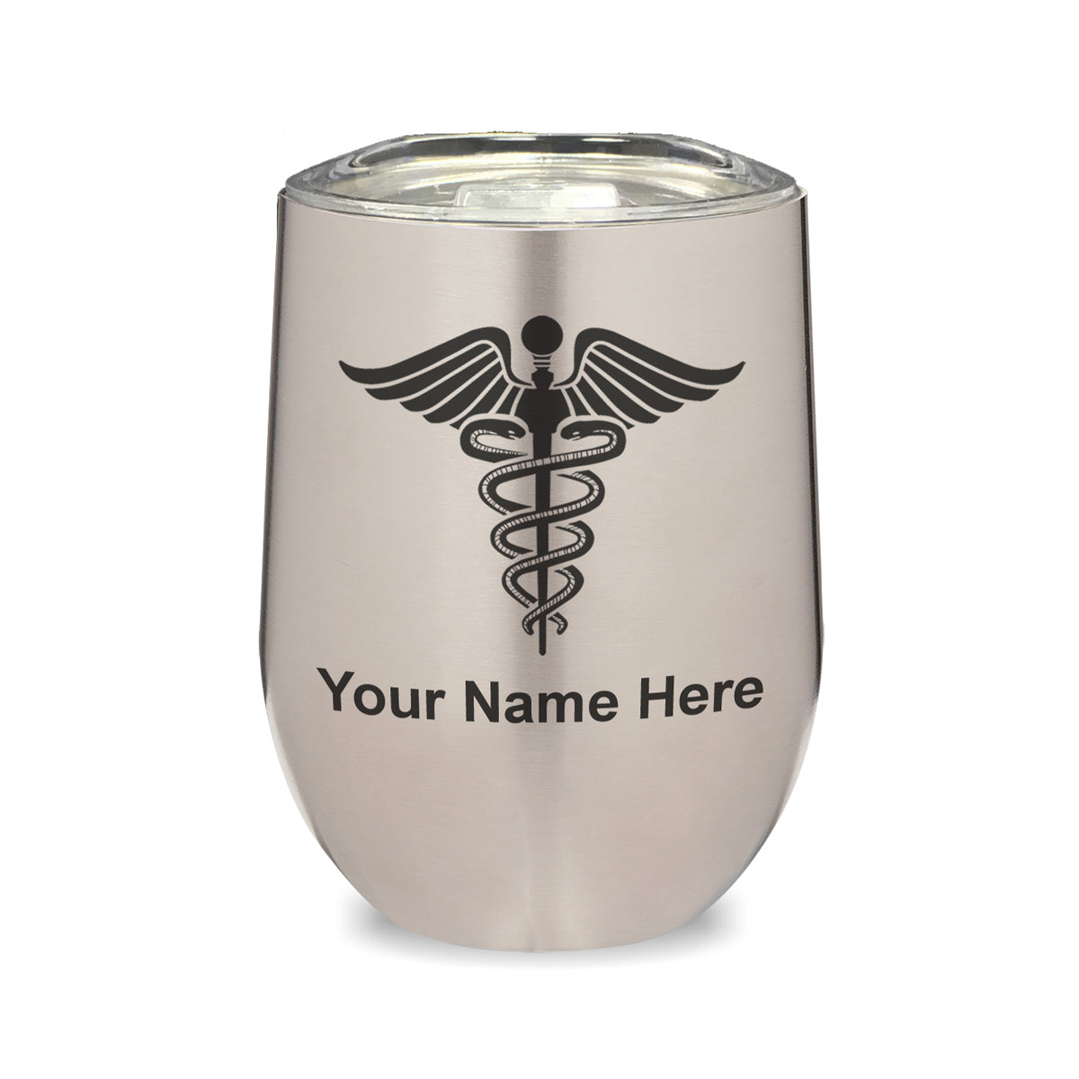 LaserGram Double Wall Stainless Steel Wine Glass, Caduceus Medical Symbol, Personalized Engraving Included