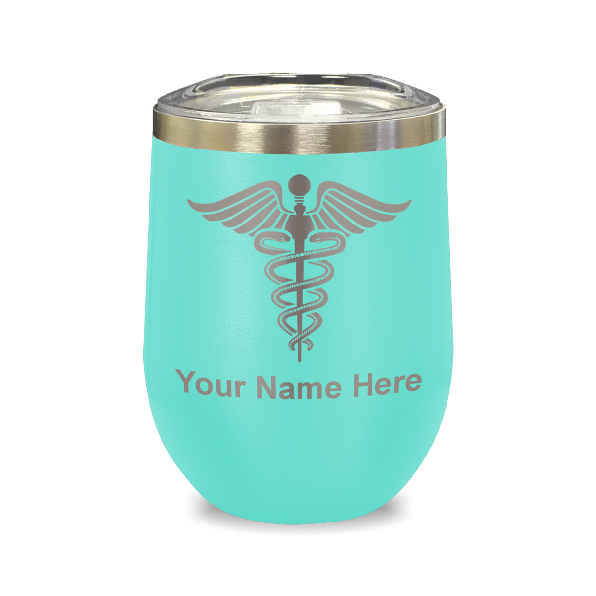 LaserGram Double Wall Stainless Steel Wine Glass, Caduceus Medical Symbol, Personalized Engraving Included