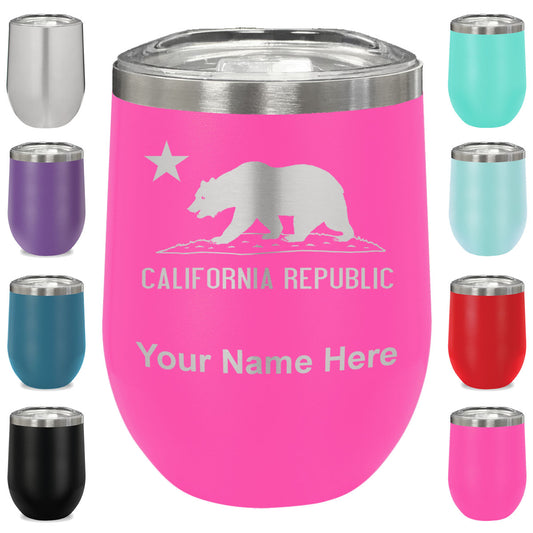 LaserGram Double Wall Stainless Steel Wine Glass, California Republic Bear Flag, Personalized Engraving Included