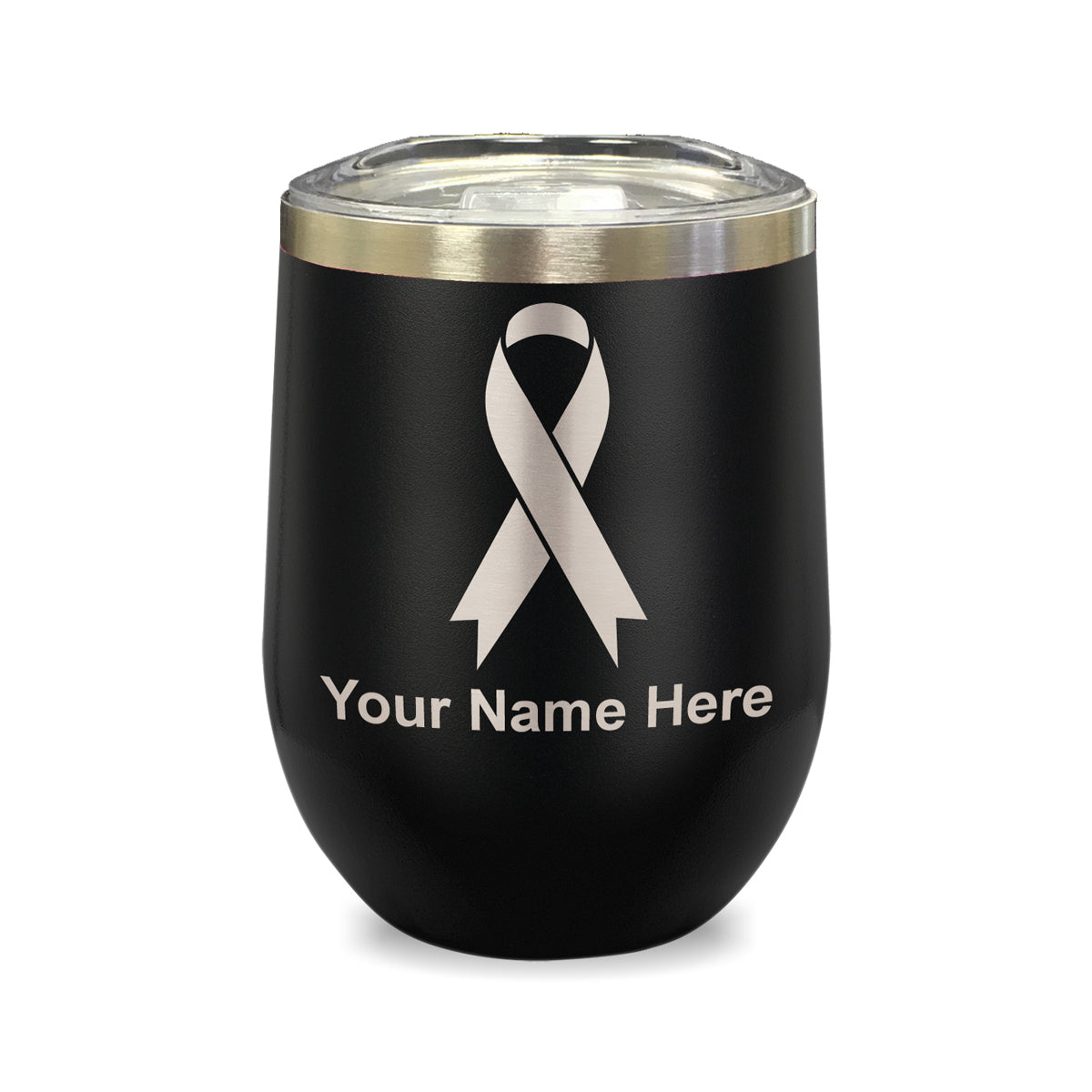 LaserGram Double Wall Stainless Steel Wine Glass, Cancer Awareness Ribbon, Personalized Engraving Included