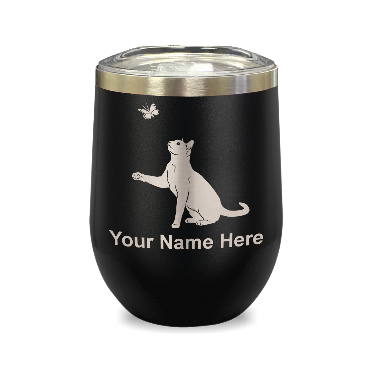 LaserGram Double Wall Stainless Steel Wine Glass, Cat with Butterfly, Personalized Engraving Included