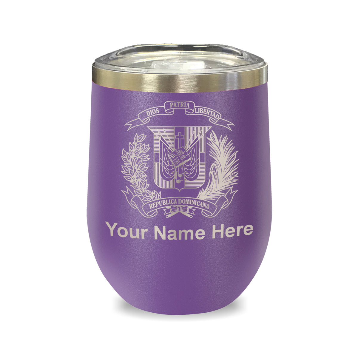 LaserGram Double Wall Stainless Steel Wine Glass, Coat of Arms Dominican Republic, Personalized Engraving Included