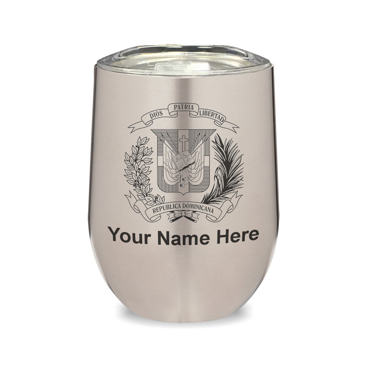 LaserGram Double Wall Stainless Steel Wine Glass, Coat of Arms Dominican Republic, Personalized Engraving Included