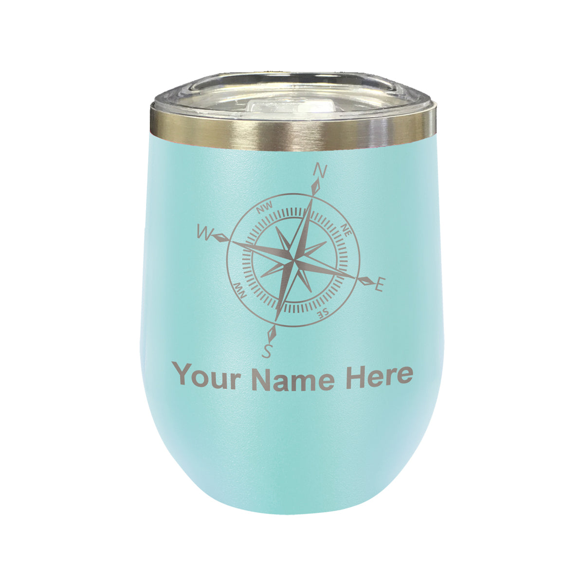 LaserGram Double Wall Stainless Steel Wine Glass, Compass Rose, Personalized Engraving Included