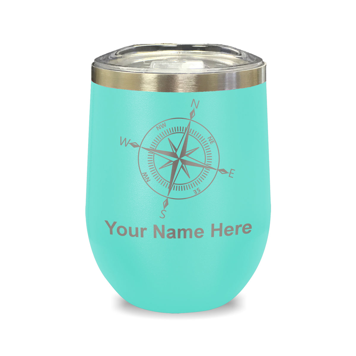 LaserGram Double Wall Stainless Steel Wine Glass, Compass Rose, Personalized Engraving Included