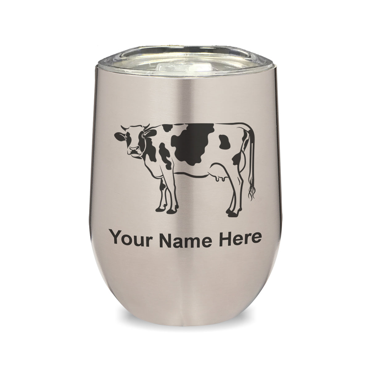 LaserGram Double Wall Stainless Steel Wine Glass, Cow, Personalized Engraving Included