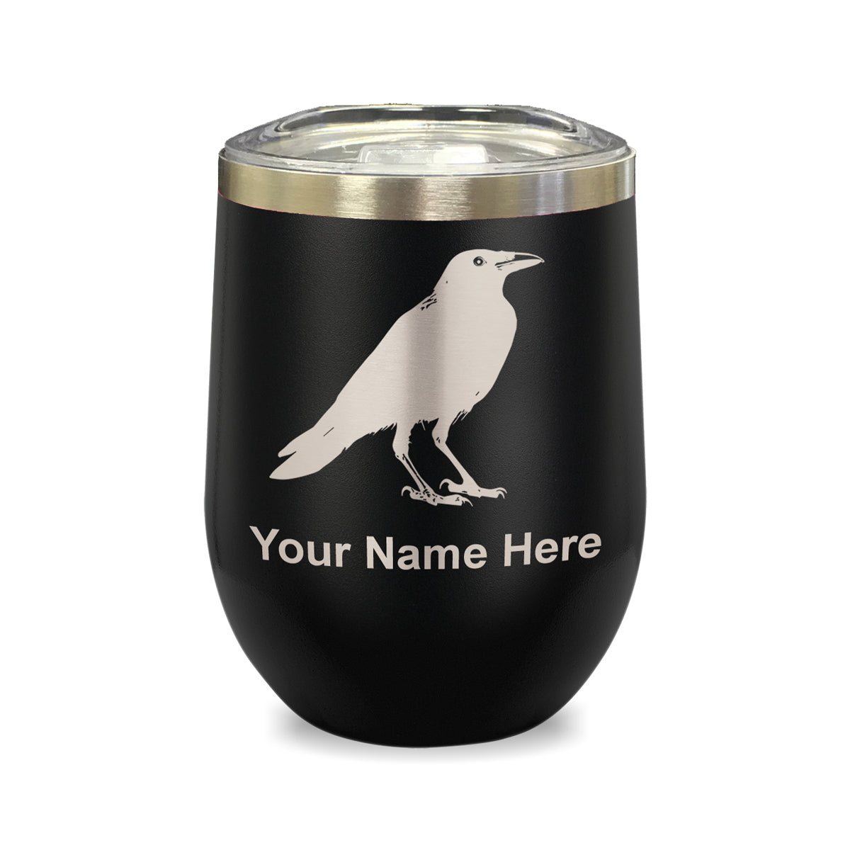 LaserGram Double Wall Stainless Steel Wine Glass, Crow, Personalized Engraving Included