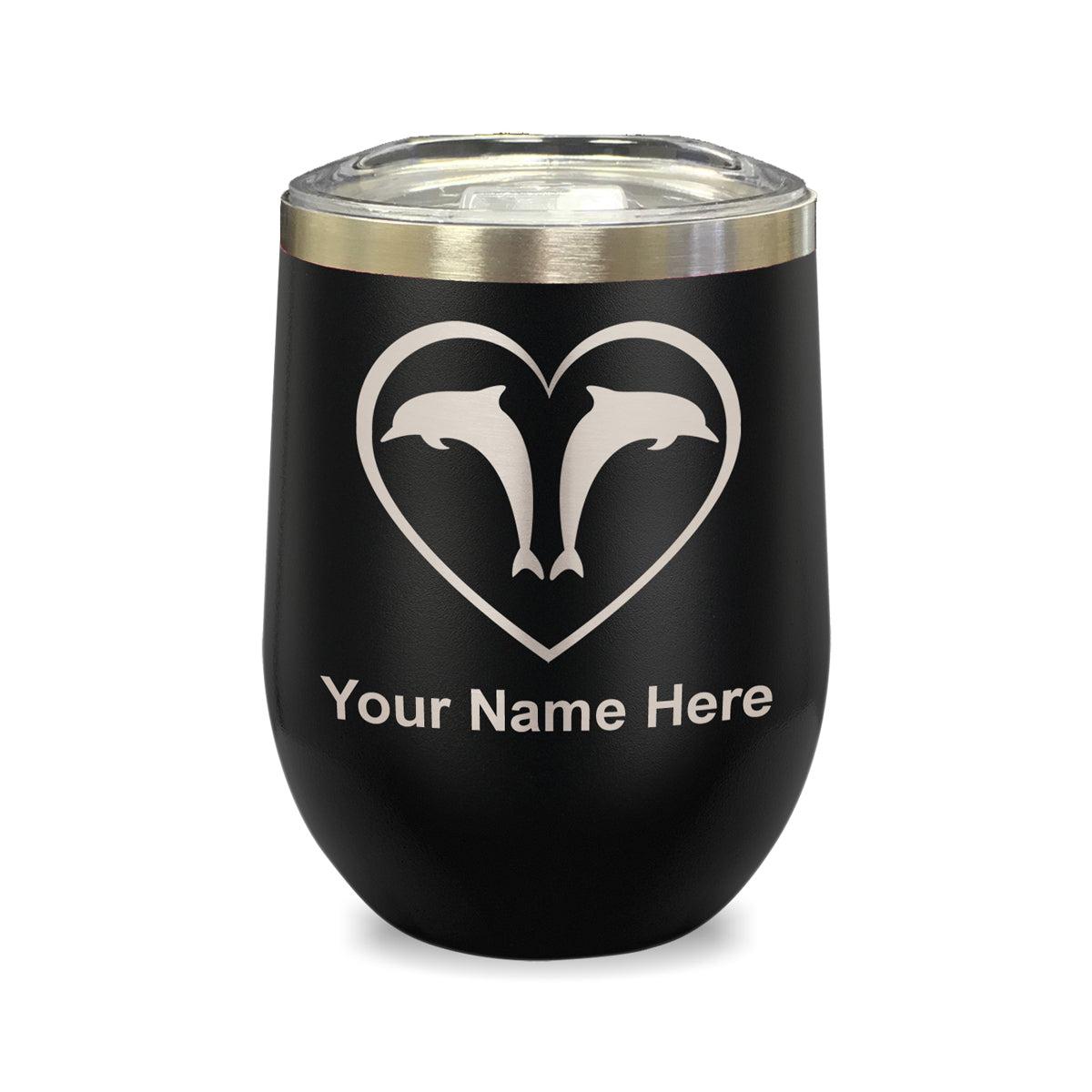 LaserGram Double Wall Stainless Steel Wine Glass, Dolphin Heart, Personalized Engraving Included