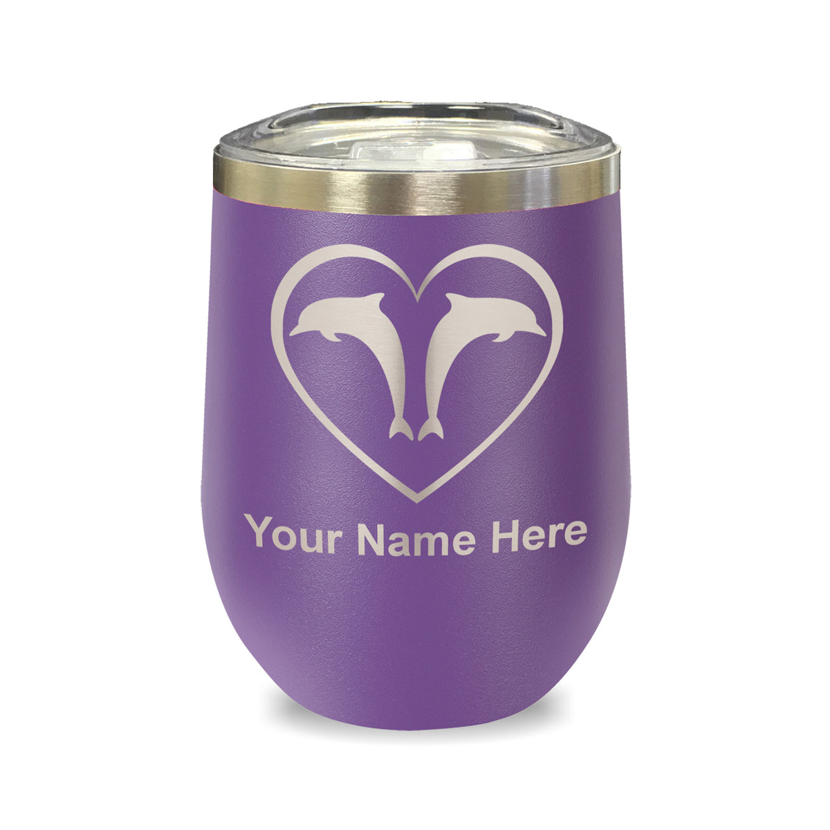 LaserGram Double Wall Stainless Steel Wine Glass, Dolphin Heart, Personalized Engraving Included