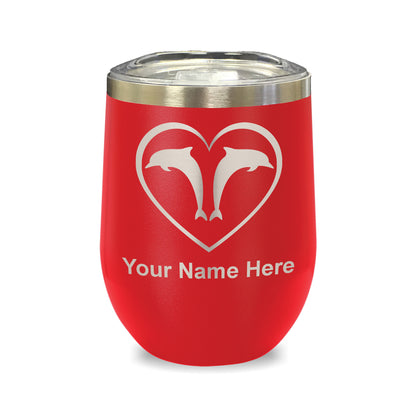 LaserGram Double Wall Stainless Steel Wine Glass, Dolphin Heart, Personalized Engraving Included