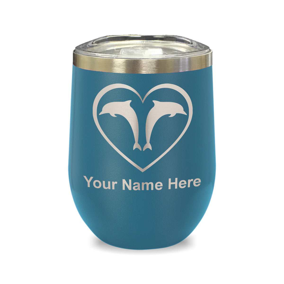 LaserGram Double Wall Stainless Steel Wine Glass, Dolphin Heart, Personalized Engraving Included