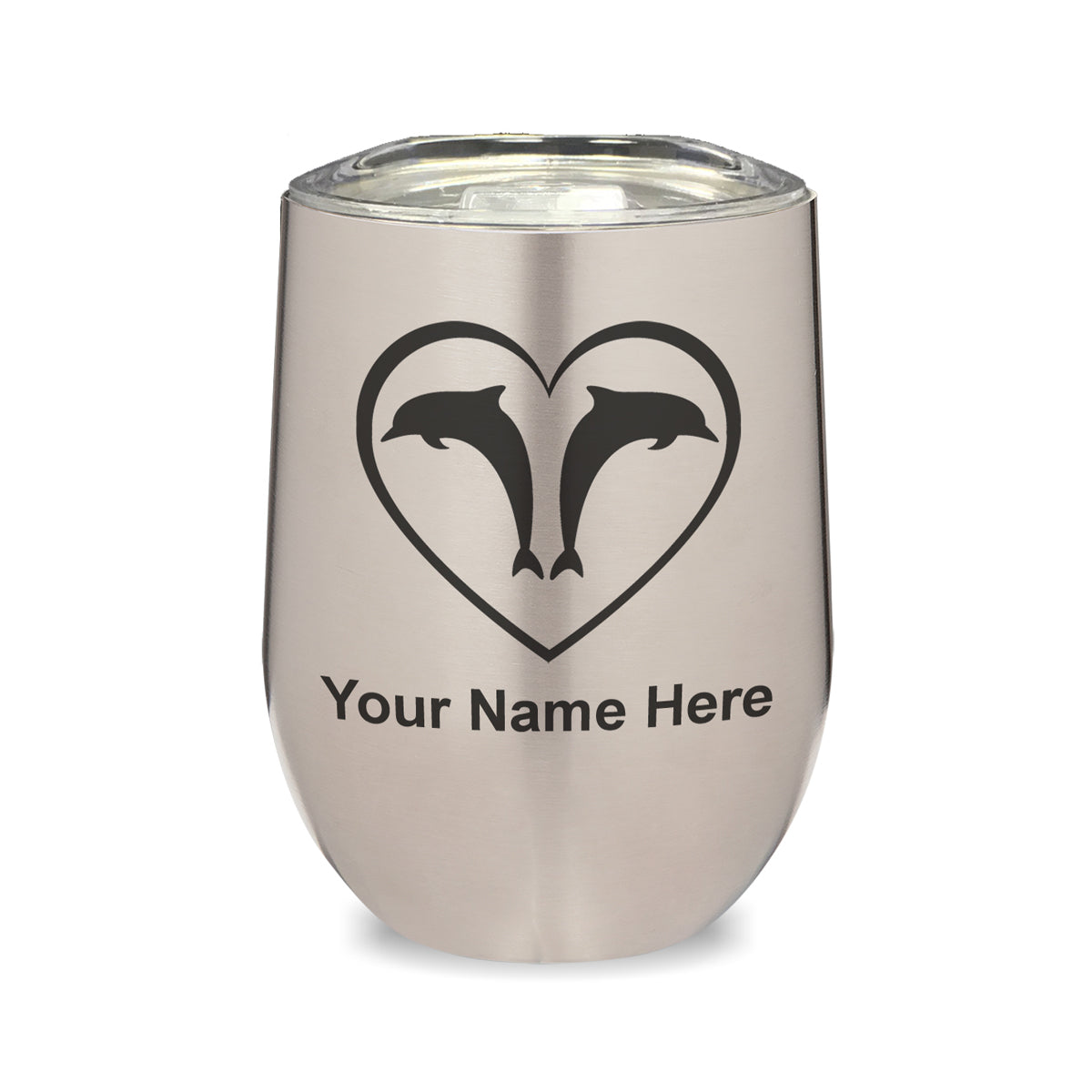 LaserGram Double Wall Stainless Steel Wine Glass, Dolphin Heart, Personalized Engraving Included