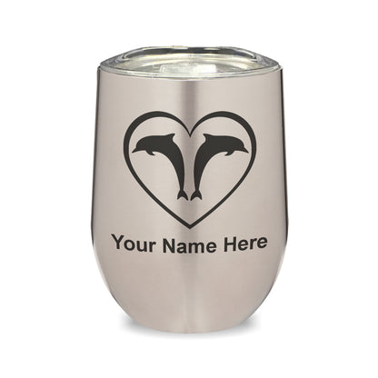 LaserGram Double Wall Stainless Steel Wine Glass, Dolphin Heart, Personalized Engraving Included