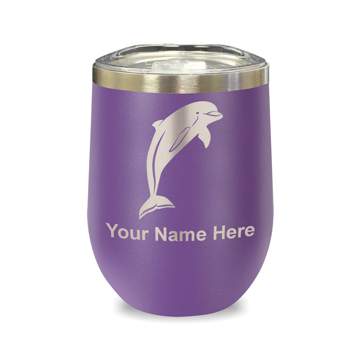 LaserGram Double Wall Stainless Steel Wine Glass, Dolphin, Personalized Engraving Included