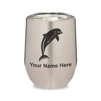 LaserGram Double Wall Stainless Steel Wine Glass, Dolphin, Personalized Engraving Included