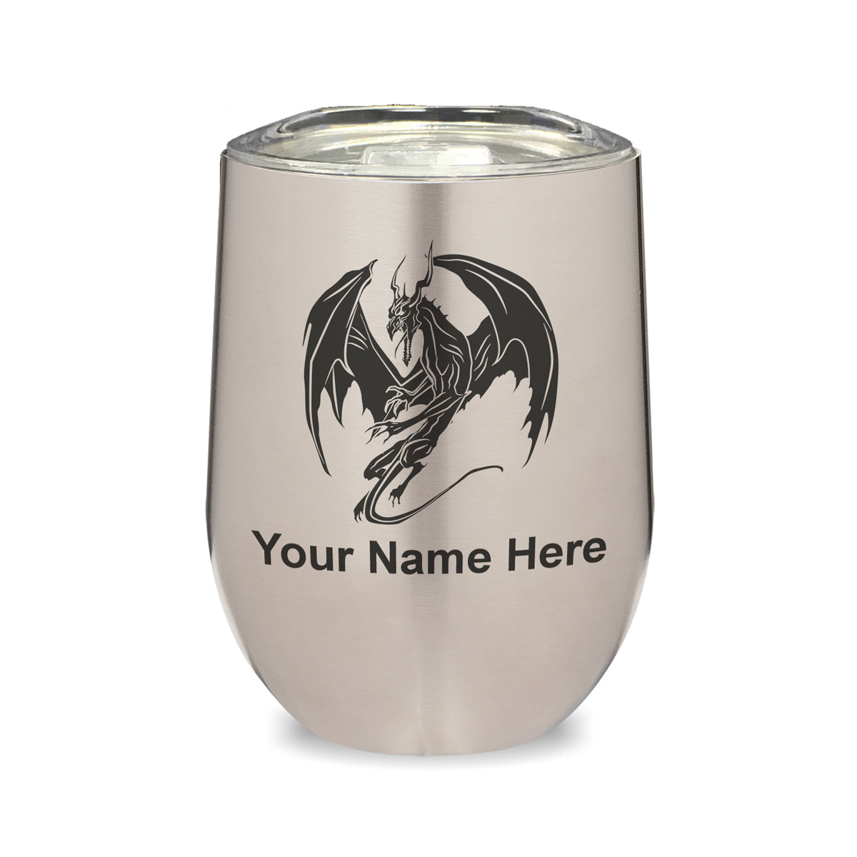 LaserGram Double Wall Stainless Steel Wine Glass, Dragon, Personalized Engraving Included