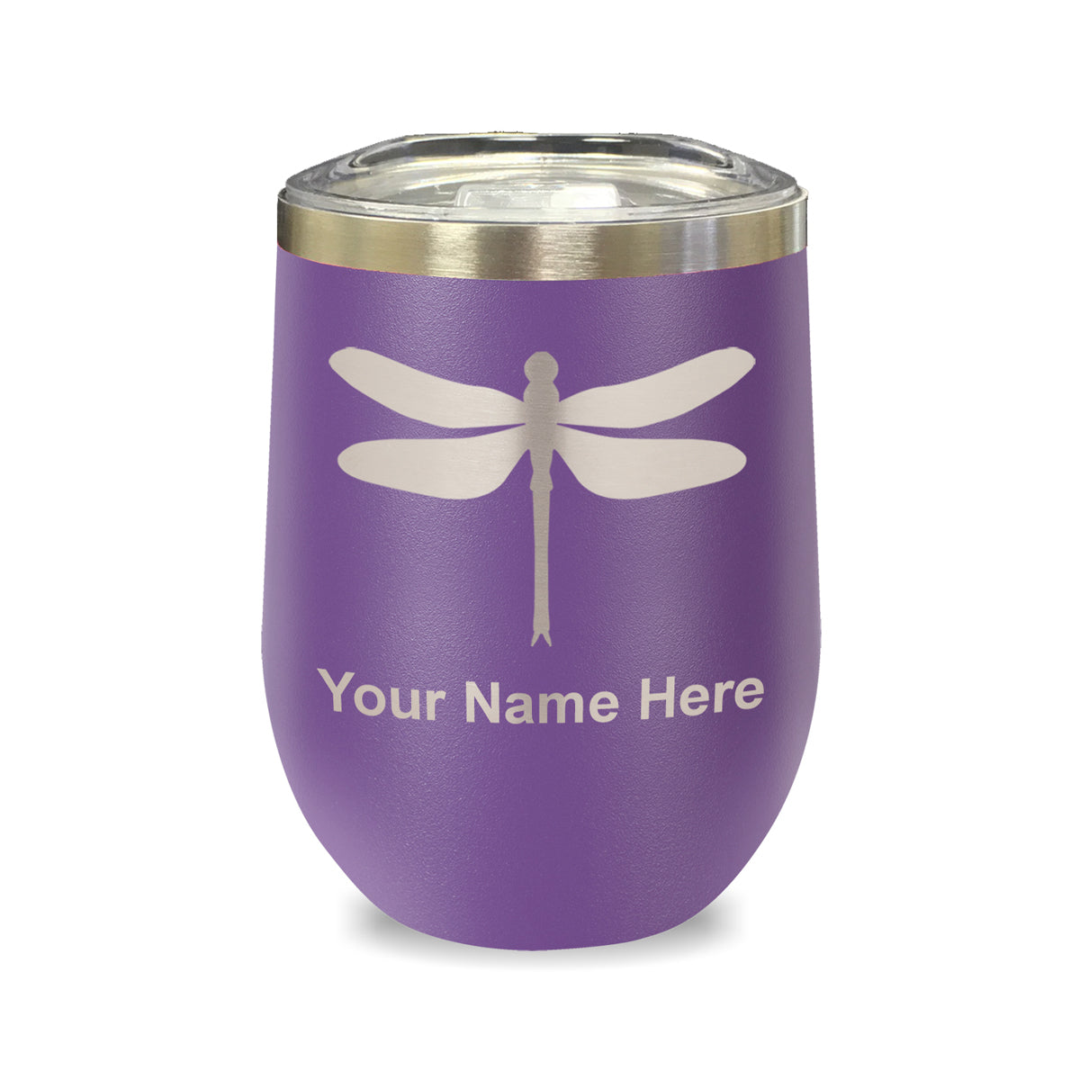 LaserGram Double Wall Stainless Steel Wine Glass, Dragonfly, Personalized Engraving Included