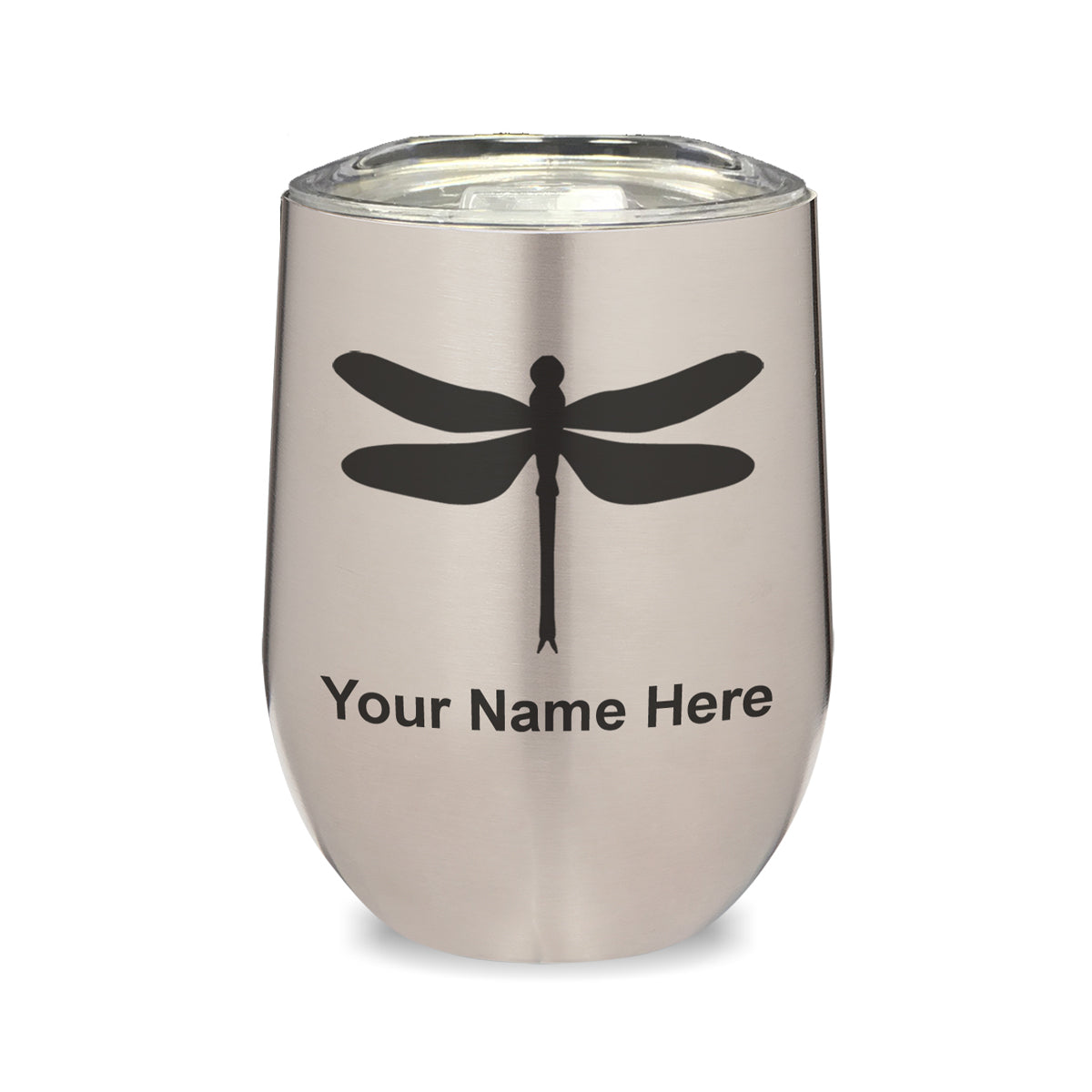 LaserGram Double Wall Stainless Steel Wine Glass, Dragonfly, Personalized Engraving Included