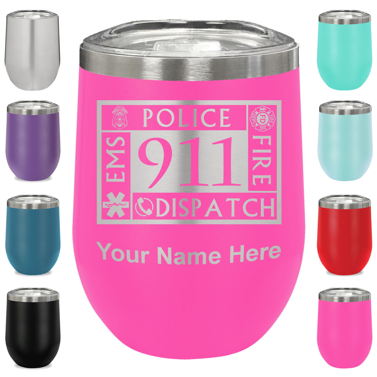 LaserGram Double Wall Stainless Steel Wine Glass, Emergency Dispatcher 911, Personalized Engraving Included