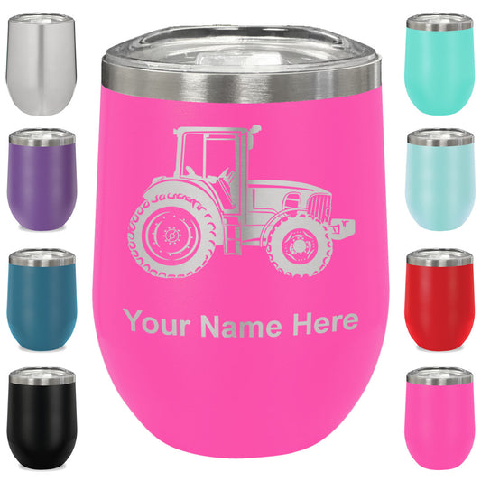 LaserGram Double Wall Stainless Steel Wine Glass, Farm Tractor, Personalized Engraving Included