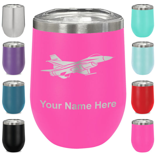 LaserGram Double Wall Stainless Steel Wine Glass, Fighter Jet 1, Personalized Engraving Included