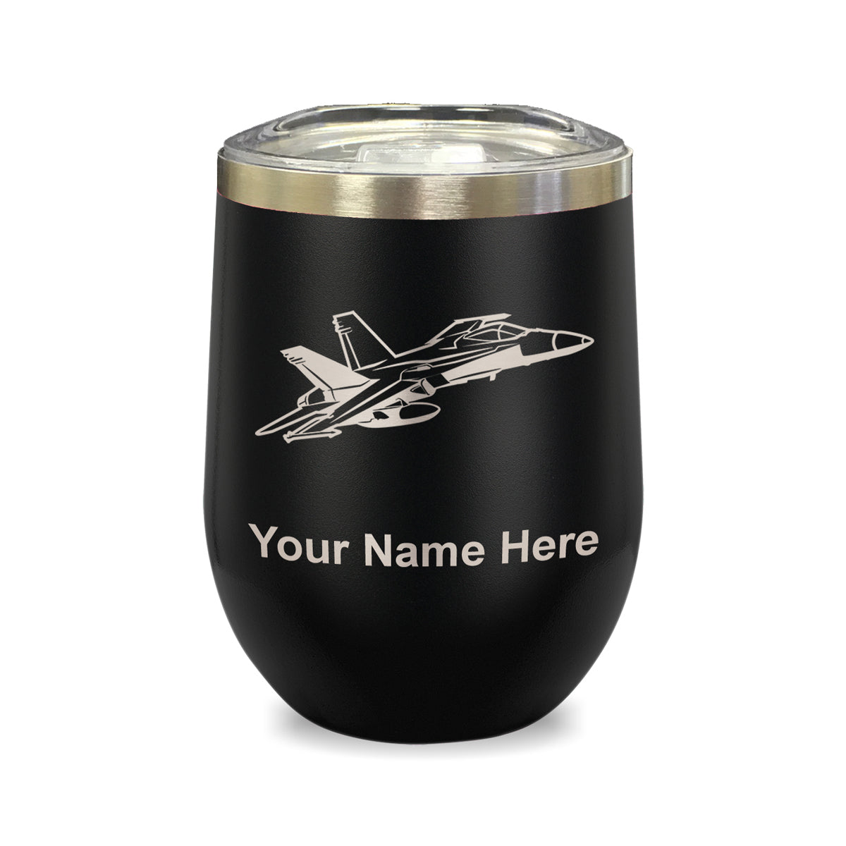 LaserGram Double Wall Stainless Steel Wine Glass, Fighter Jet 2, Personalized Engraving Included