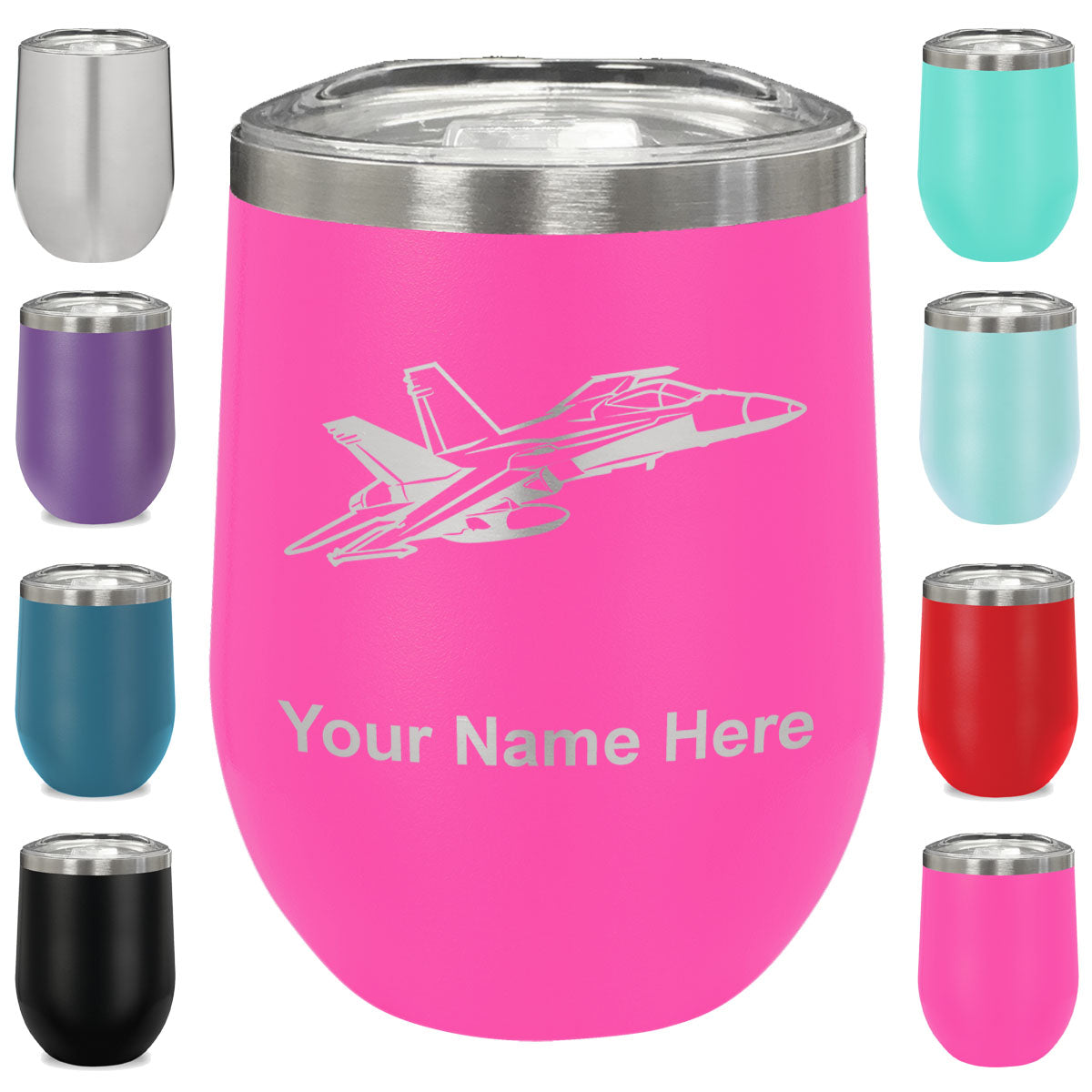 LaserGram Double Wall Stainless Steel Wine Glass, Fighter Jet 2, Personalized Engraving Included