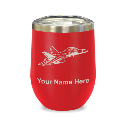 LaserGram Double Wall Stainless Steel Wine Glass, Fighter Jet 2, Personalized Engraving Included