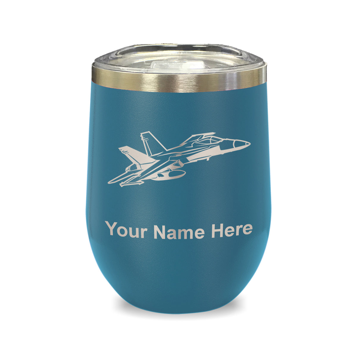 LaserGram Double Wall Stainless Steel Wine Glass, Fighter Jet 2, Personalized Engraving Included