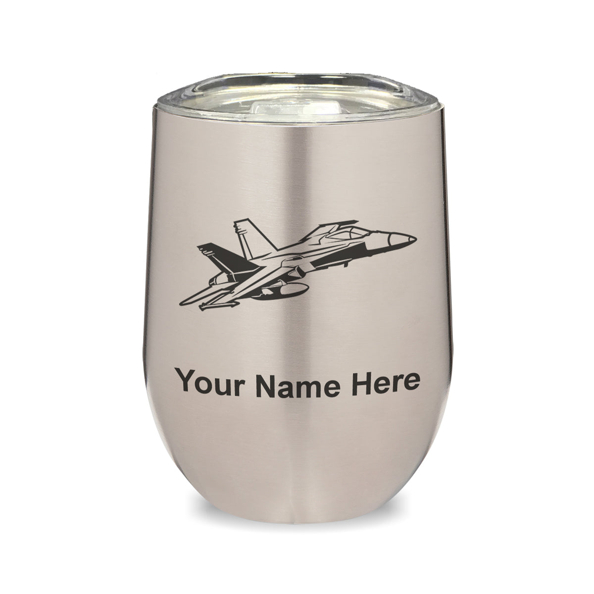 LaserGram Double Wall Stainless Steel Wine Glass, Fighter Jet 2, Personalized Engraving Included