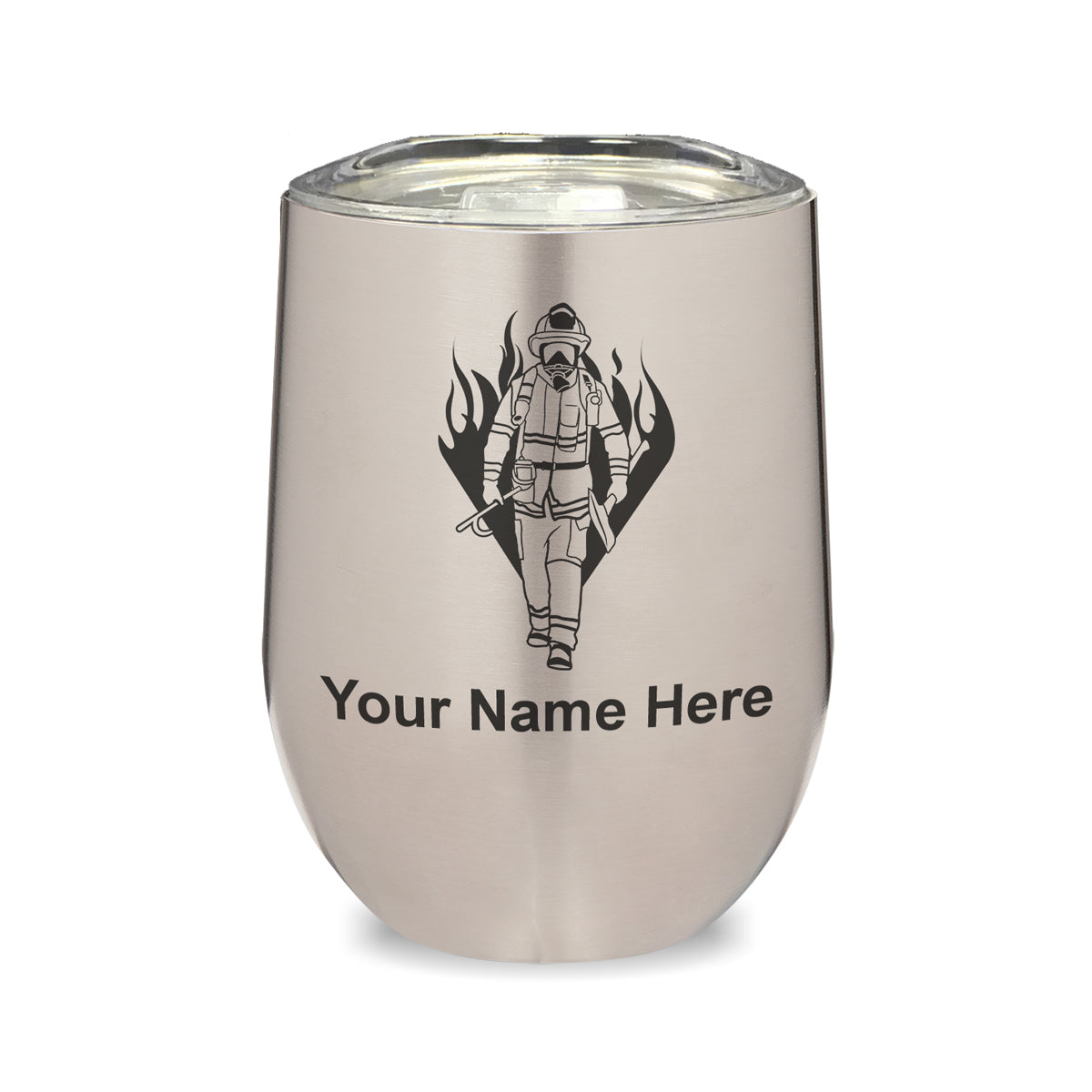 LaserGram Double Wall Stainless Steel Wine Glass, Fireman, Personalized Engraving Included