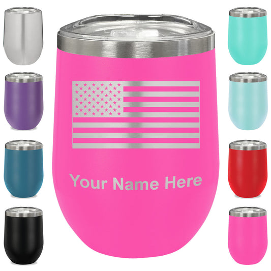 LaserGram Double Wall Stainless Steel Wine Glass, Flag of the United States, Personalized Engraving Included