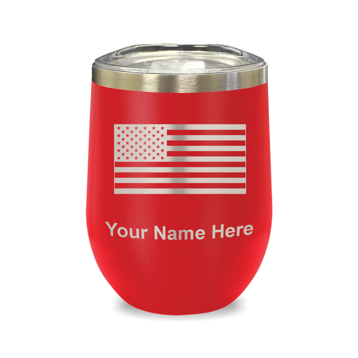 LaserGram Double Wall Stainless Steel Wine Glass, Flag of the United States, Personalized Engraving Included