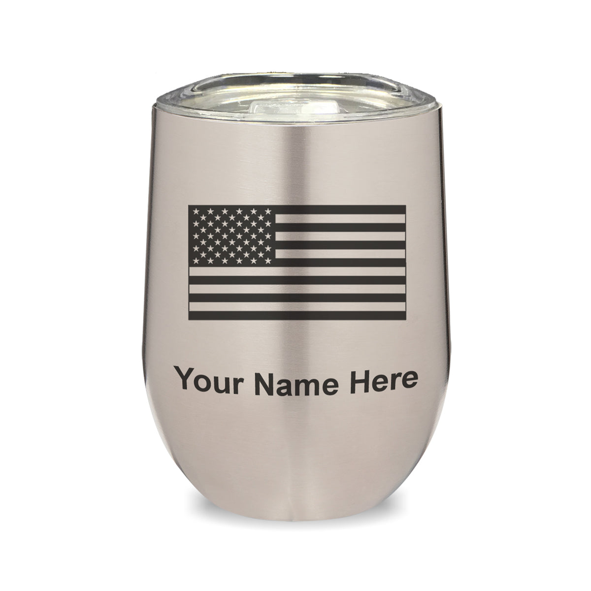 LaserGram Double Wall Stainless Steel Wine Glass, Flag of the United States, Personalized Engraving Included