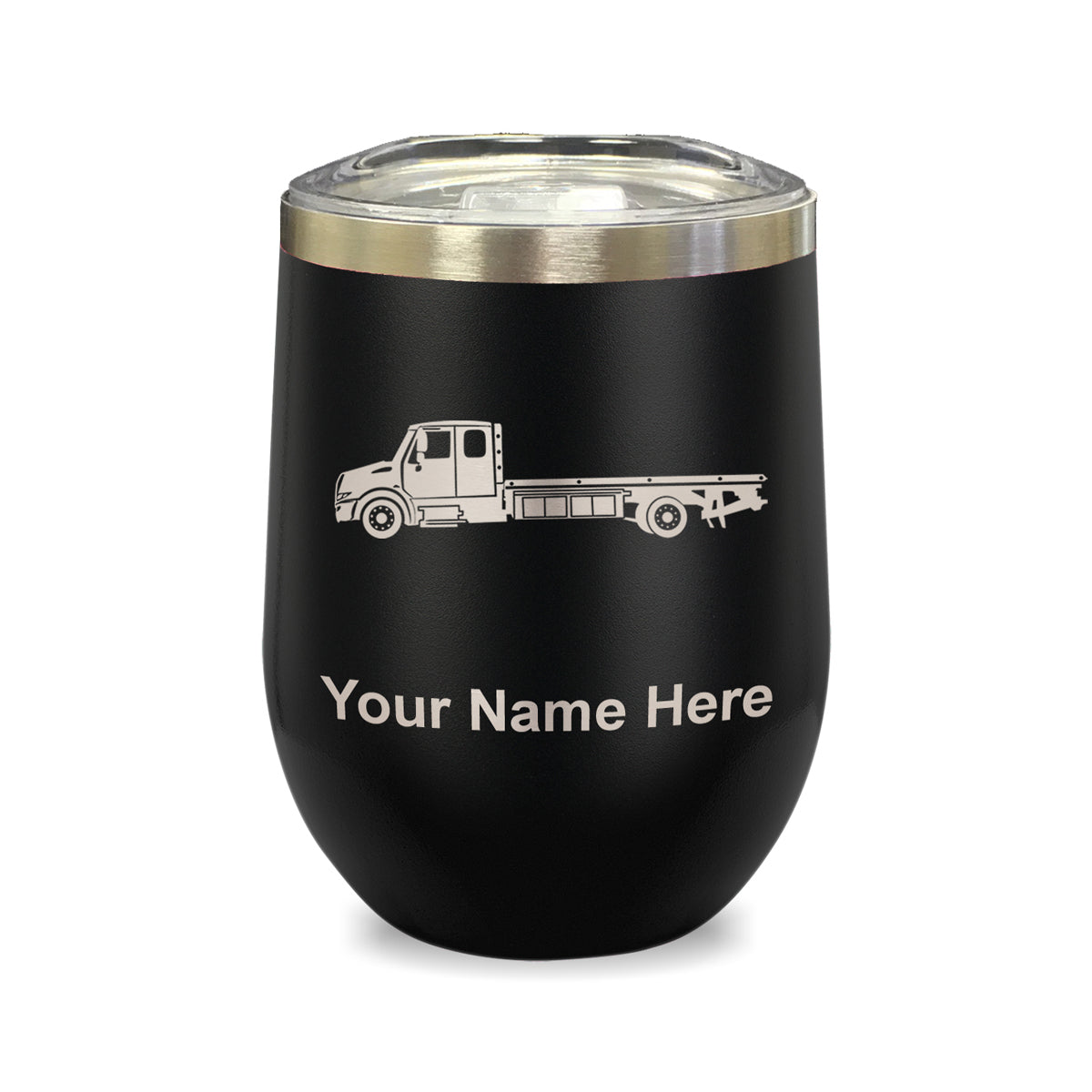 LaserGram Double Wall Stainless Steel Wine Glass, Flat Bed Tow Truck, Personalized Engraving Included