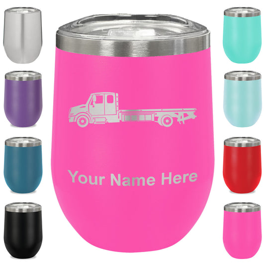 LaserGram Double Wall Stainless Steel Wine Glass, Flat Bed Tow Truck, Personalized Engraving Included