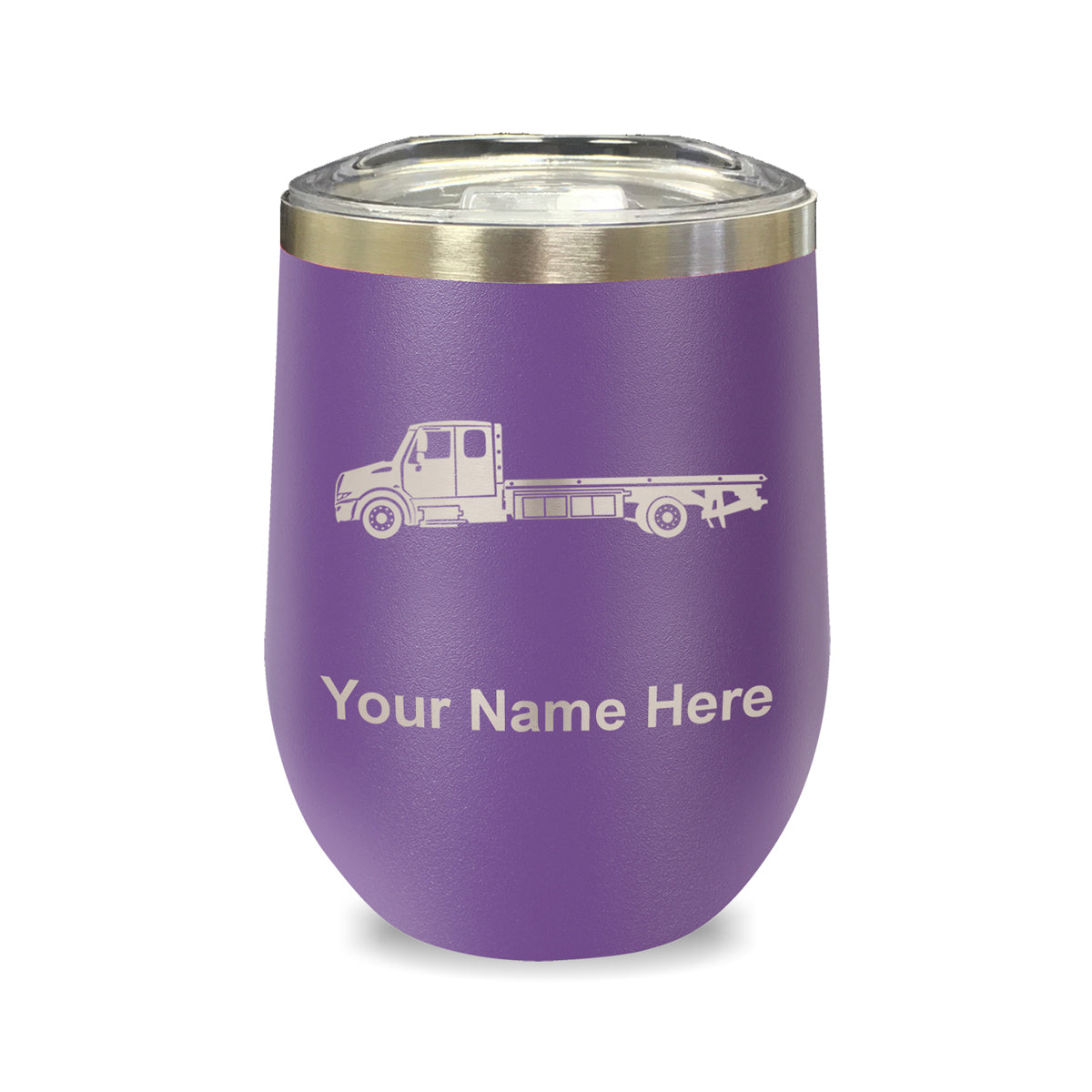 LaserGram Double Wall Stainless Steel Wine Glass, Flat Bed Tow Truck, Personalized Engraving Included