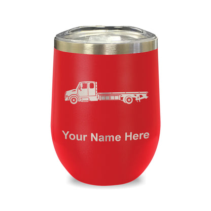 LaserGram Double Wall Stainless Steel Wine Glass, Flat Bed Tow Truck, Personalized Engraving Included