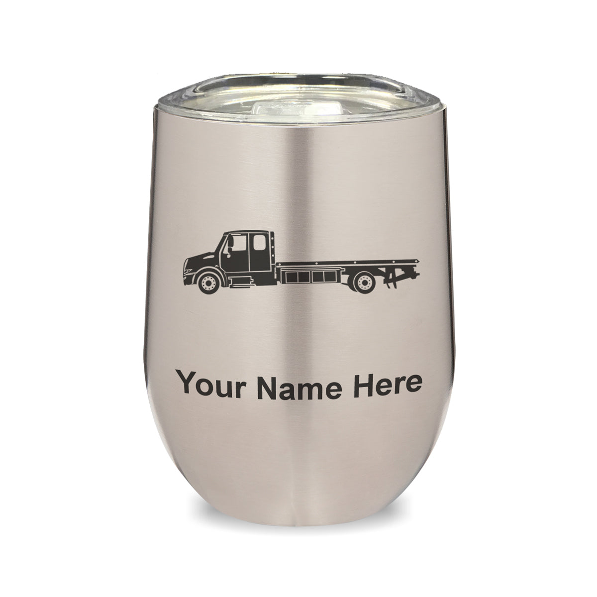 LaserGram Double Wall Stainless Steel Wine Glass, Flat Bed Tow Truck, Personalized Engraving Included