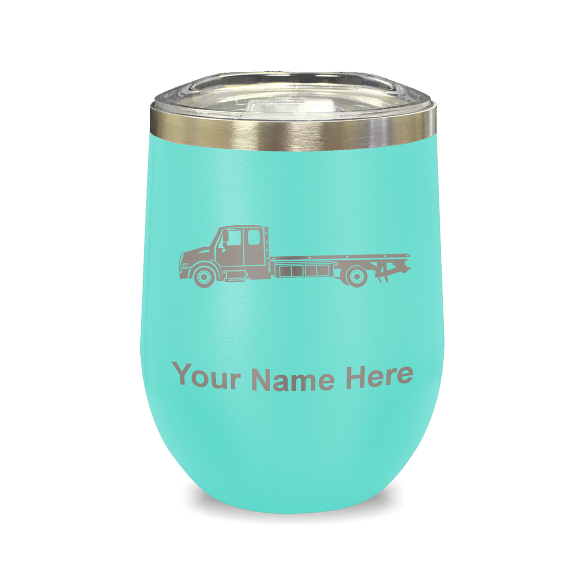 LaserGram Double Wall Stainless Steel Wine Glass, Flat Bed Tow Truck, Personalized Engraving Included