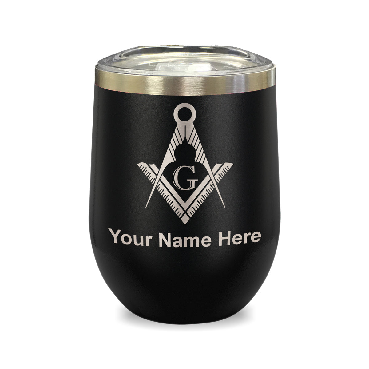 LaserGram Double Wall Stainless Steel Wine Glass, Freemason Symbol, Personalized Engraving Included