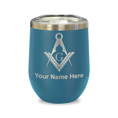 LaserGram Double Wall Stainless Steel Wine Glass, Freemason Symbol, Personalized Engraving Included