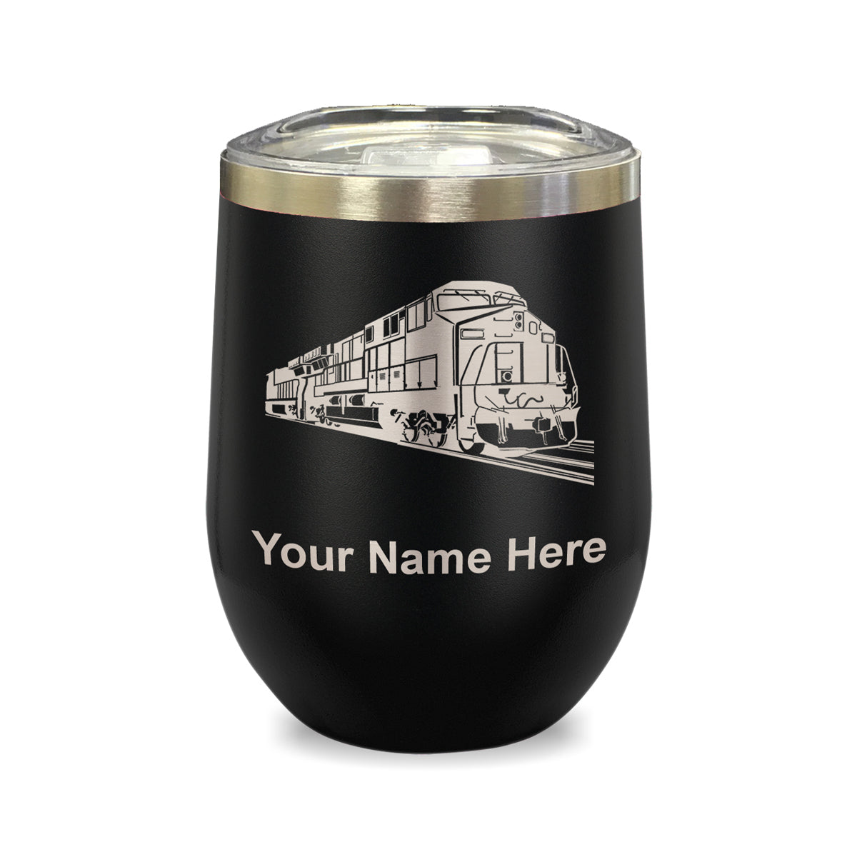 LaserGram Double Wall Stainless Steel Wine Glass, Freight Train, Personalized Engraving Included