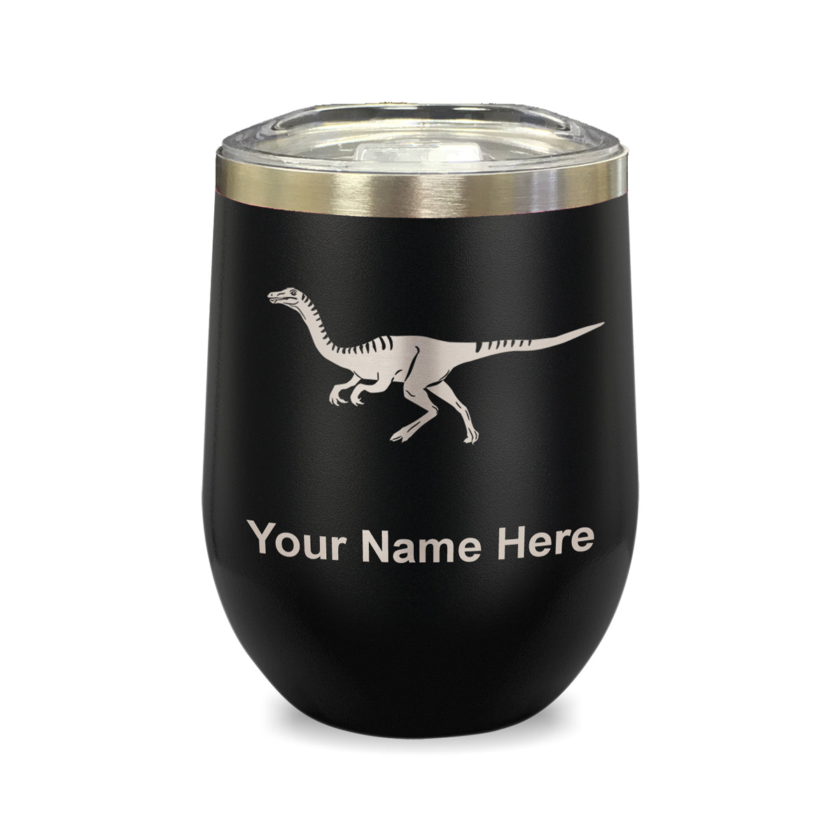 LaserGram Double Wall Stainless Steel Wine Glass, Gallimimus Dinosaur, Personalized Engraving Included