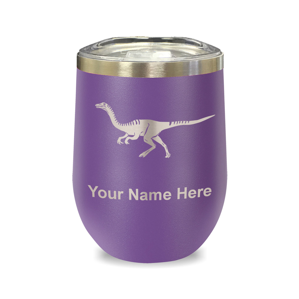 LaserGram Double Wall Stainless Steel Wine Glass, Gallimimus Dinosaur, Personalized Engraving Included