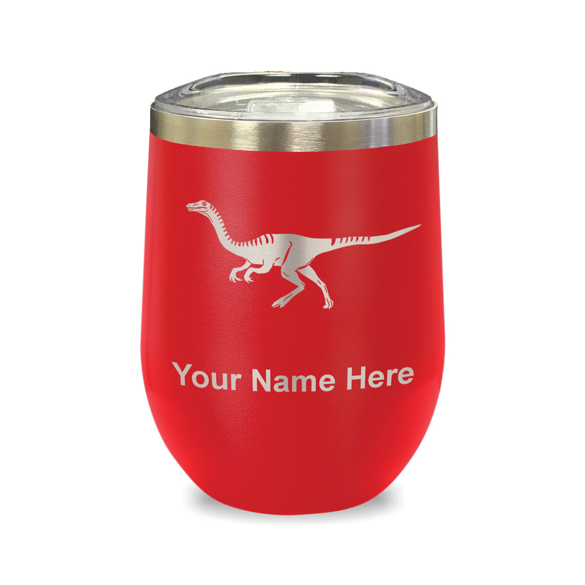 LaserGram Double Wall Stainless Steel Wine Glass, Gallimimus Dinosaur, Personalized Engraving Included