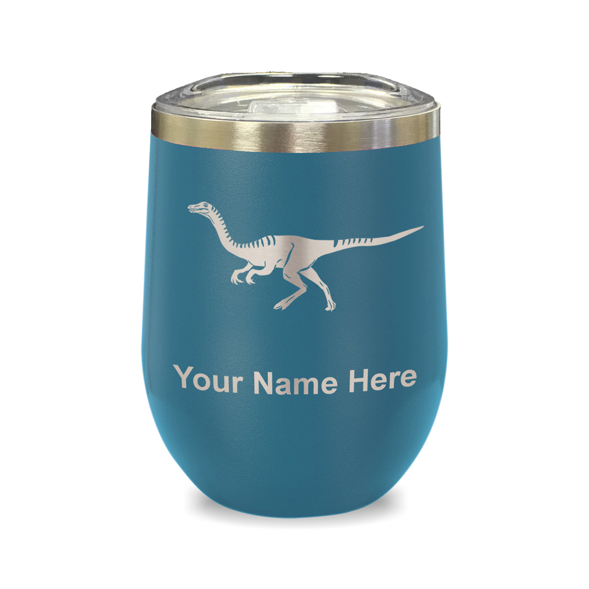 LaserGram Double Wall Stainless Steel Wine Glass, Gallimimus Dinosaur, Personalized Engraving Included