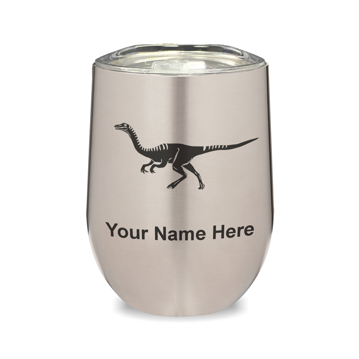 LaserGram Double Wall Stainless Steel Wine Glass, Gallimimus Dinosaur, Personalized Engraving Included