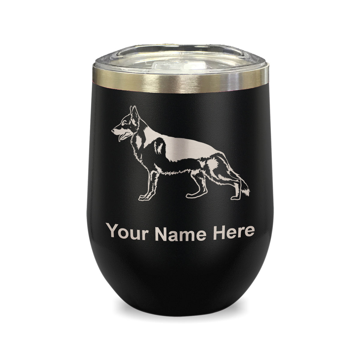 LaserGram Double Wall Stainless Steel Wine Glass, German Shepherd Dog, Personalized Engraving Included